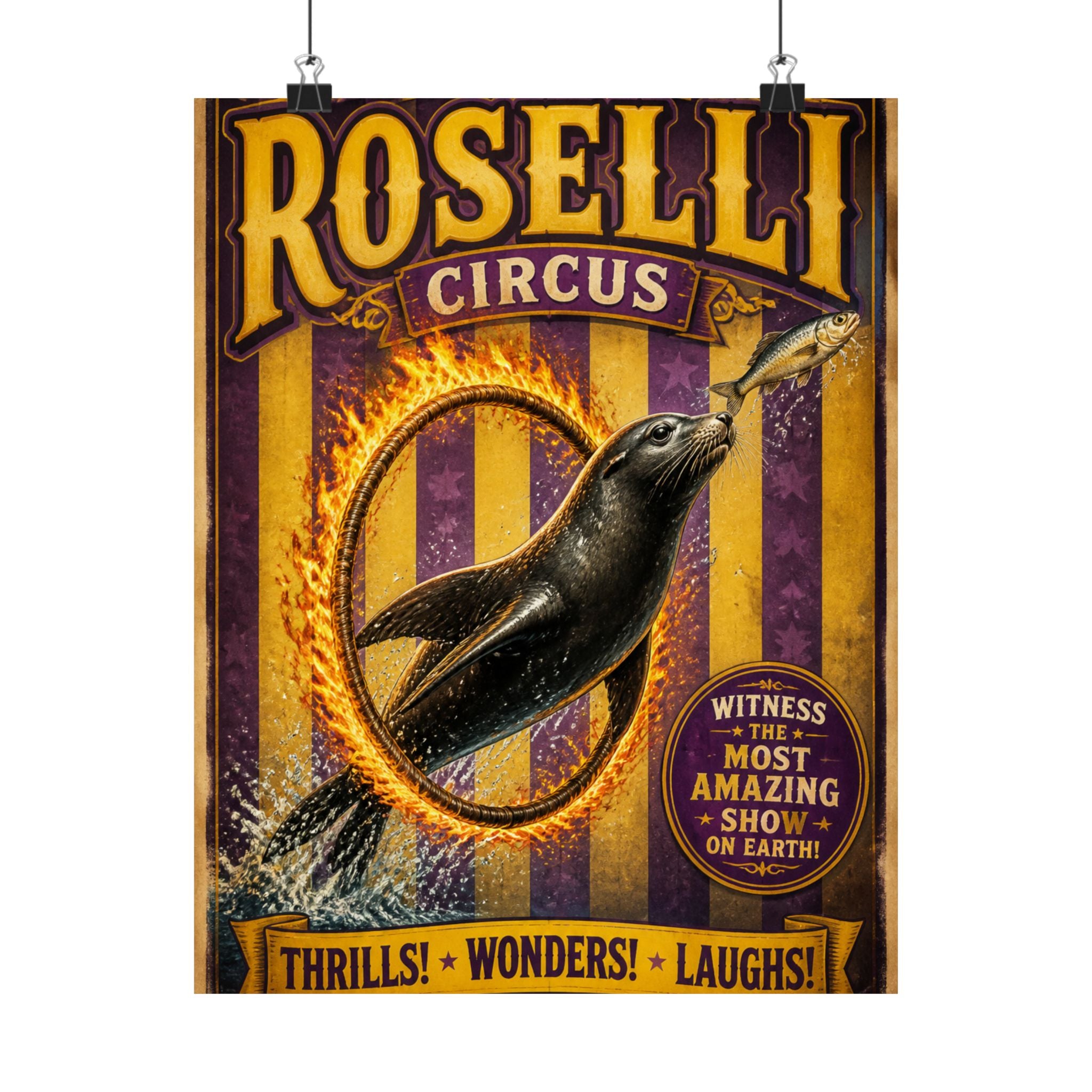 Seal Fire Hoop Wall Art Poster 18×24 Vintage Circus Kitchen Decor Maximalist Print