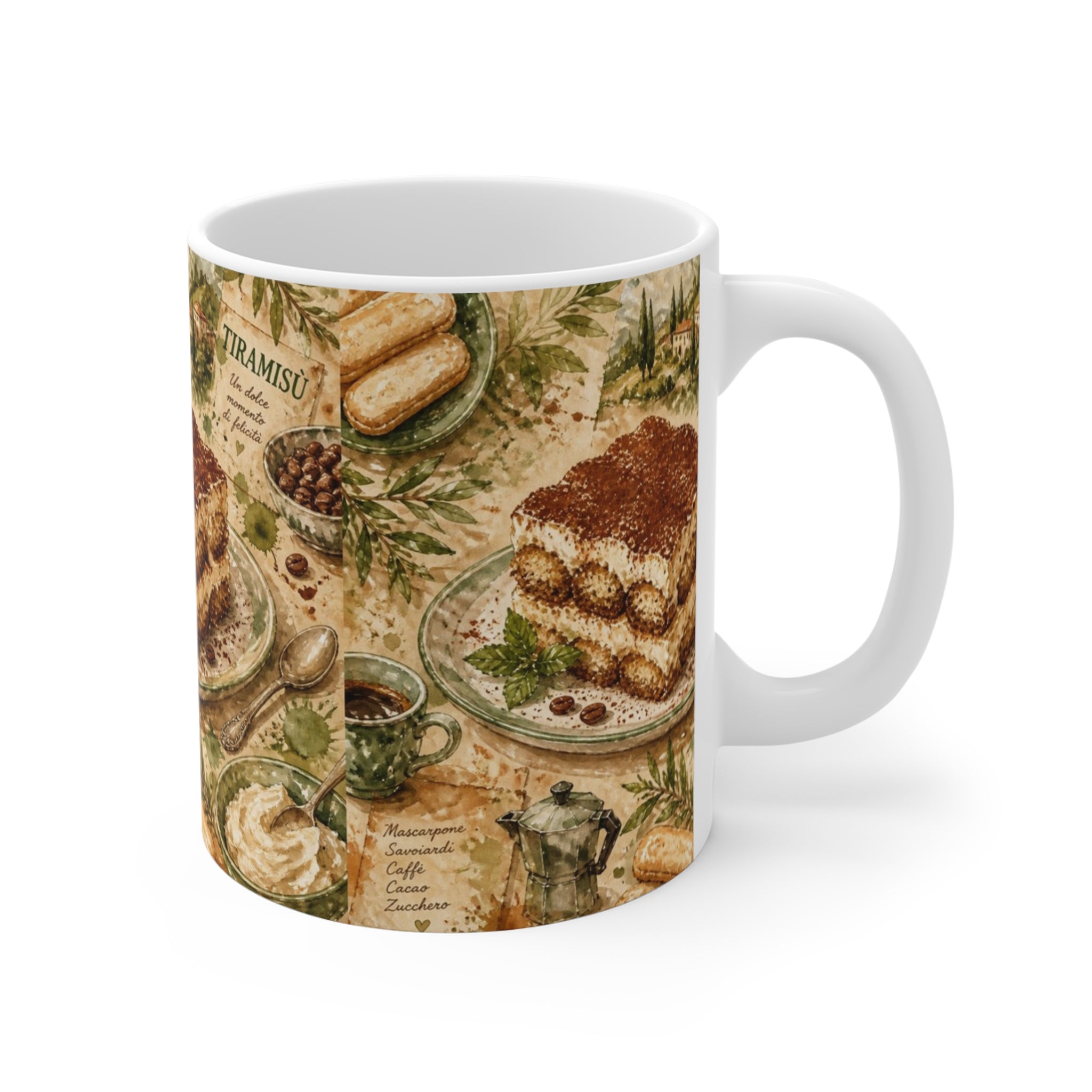 Tiramisu Layers 11oz Ceramic Mug Mediterranean Kitchen Watercolor Splash Design Italian Cottagecore Gift