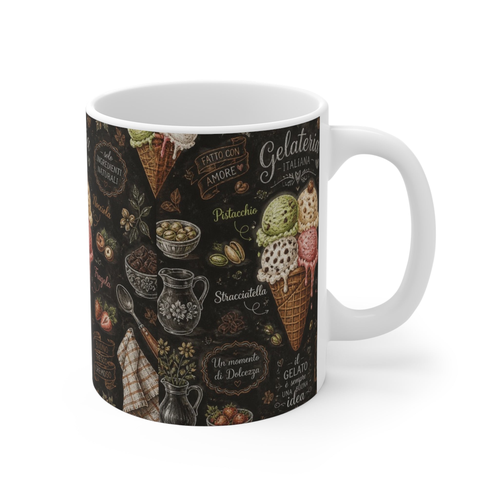 Gelato Scoops 11oz Ceramic Mug Mediterranean Kitchen Chalk Art Design Italian Cottagecore Gift