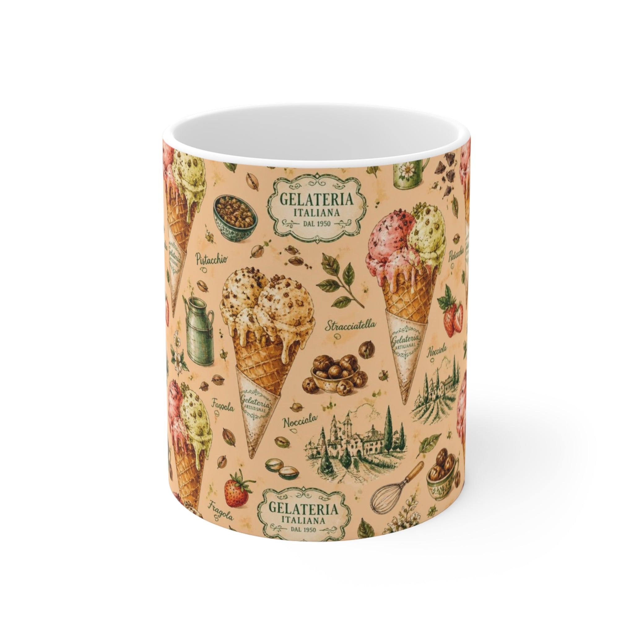 Gelato Scoops 11oz Ceramic Mug Mediterranean Kitchen Watercolor Design Italian Cottagecore Gift