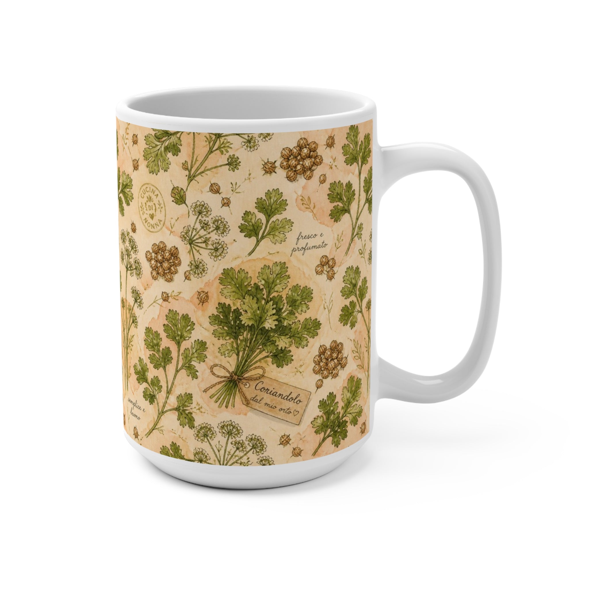 Coriander & Seeds 15oz Ceramic Mug Mediterranean Kitchen Watercolor Design Italian Cottagecore Gift