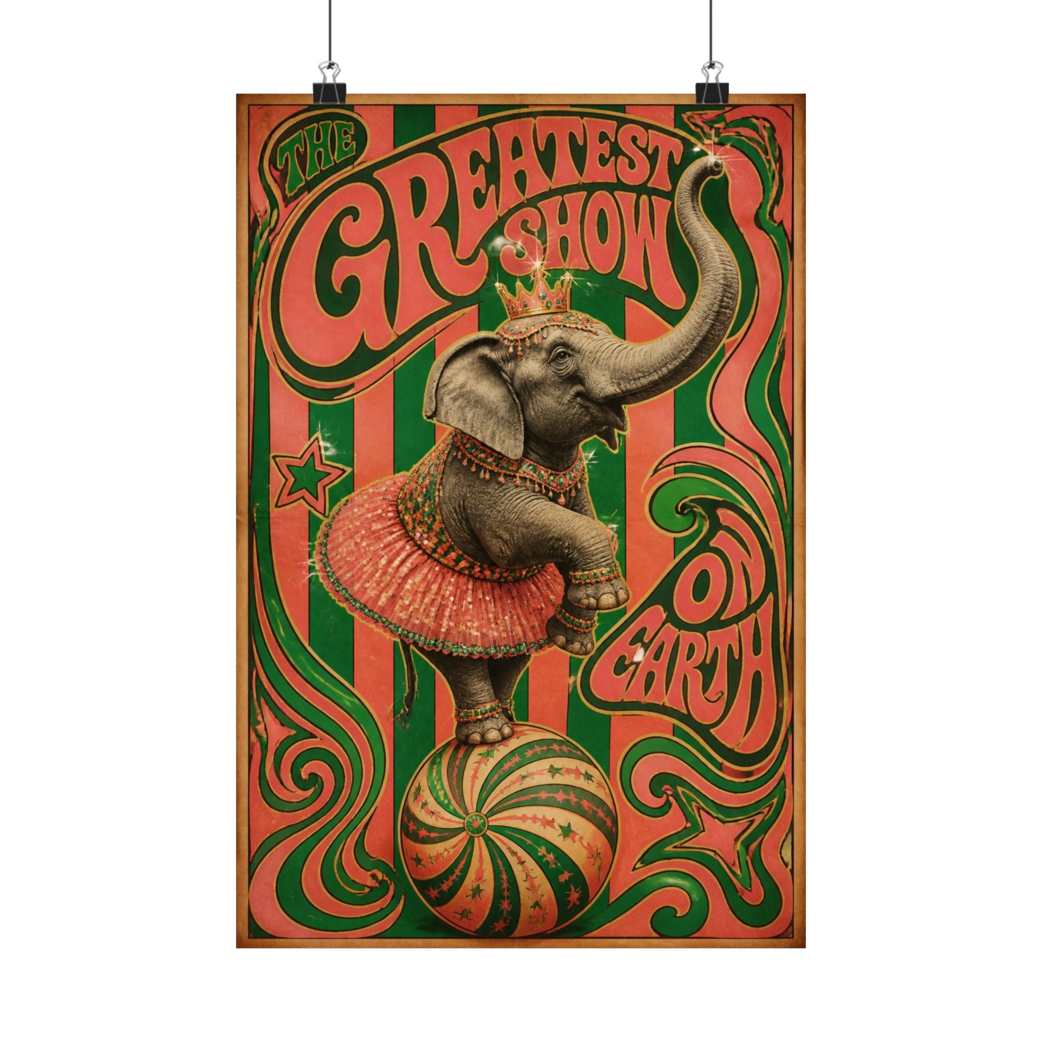 Elephant on Ball Wall Art Poster 24×36 Psychedelic Dining Room Decor Maximalist Print
