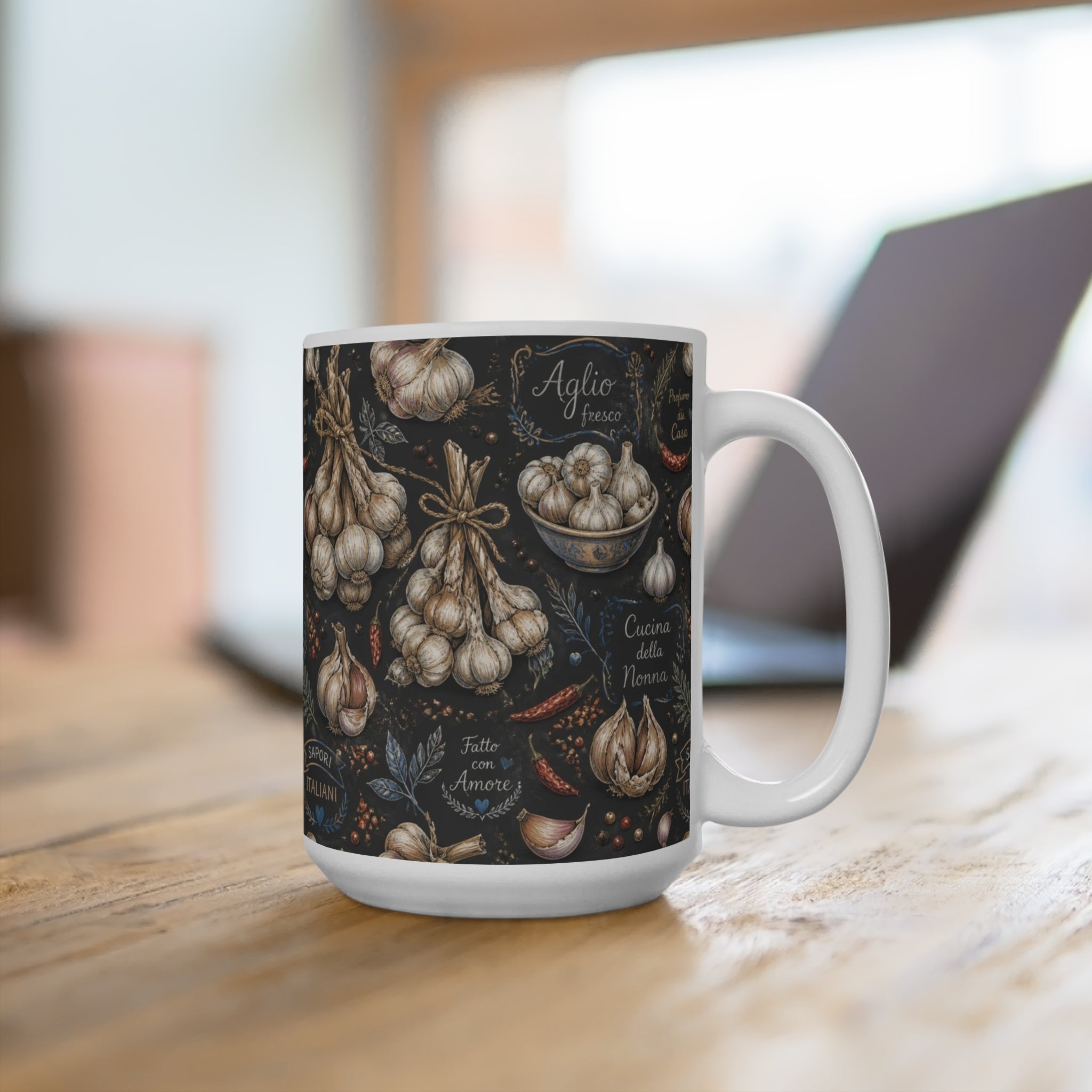 Garlic Bulbs & Cloves 15oz Ceramic Mug Mediterranean Kitchen Chalk Art Design Italian Cottagecore Gift