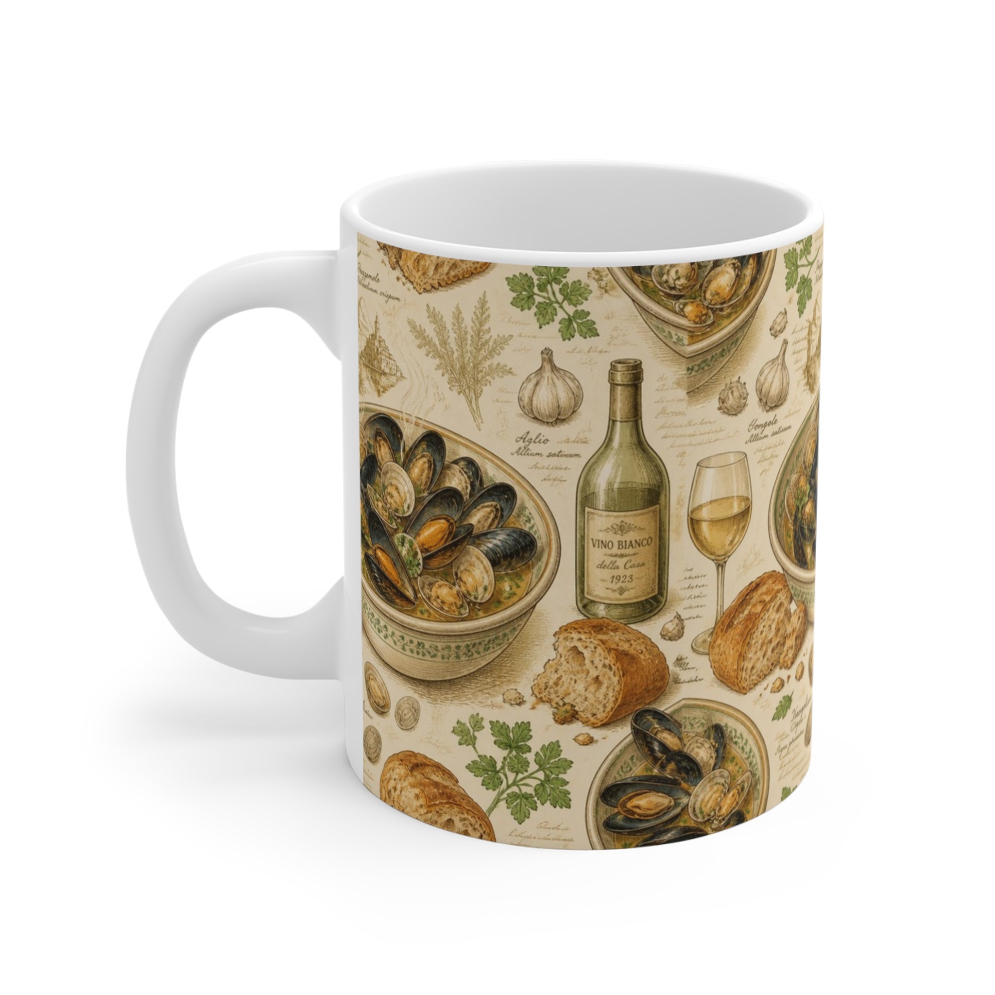 Mussels & Clams 11oz Ceramic Mug Mediterranean Kitchen Botanical Design Italian Cottagecore Gift