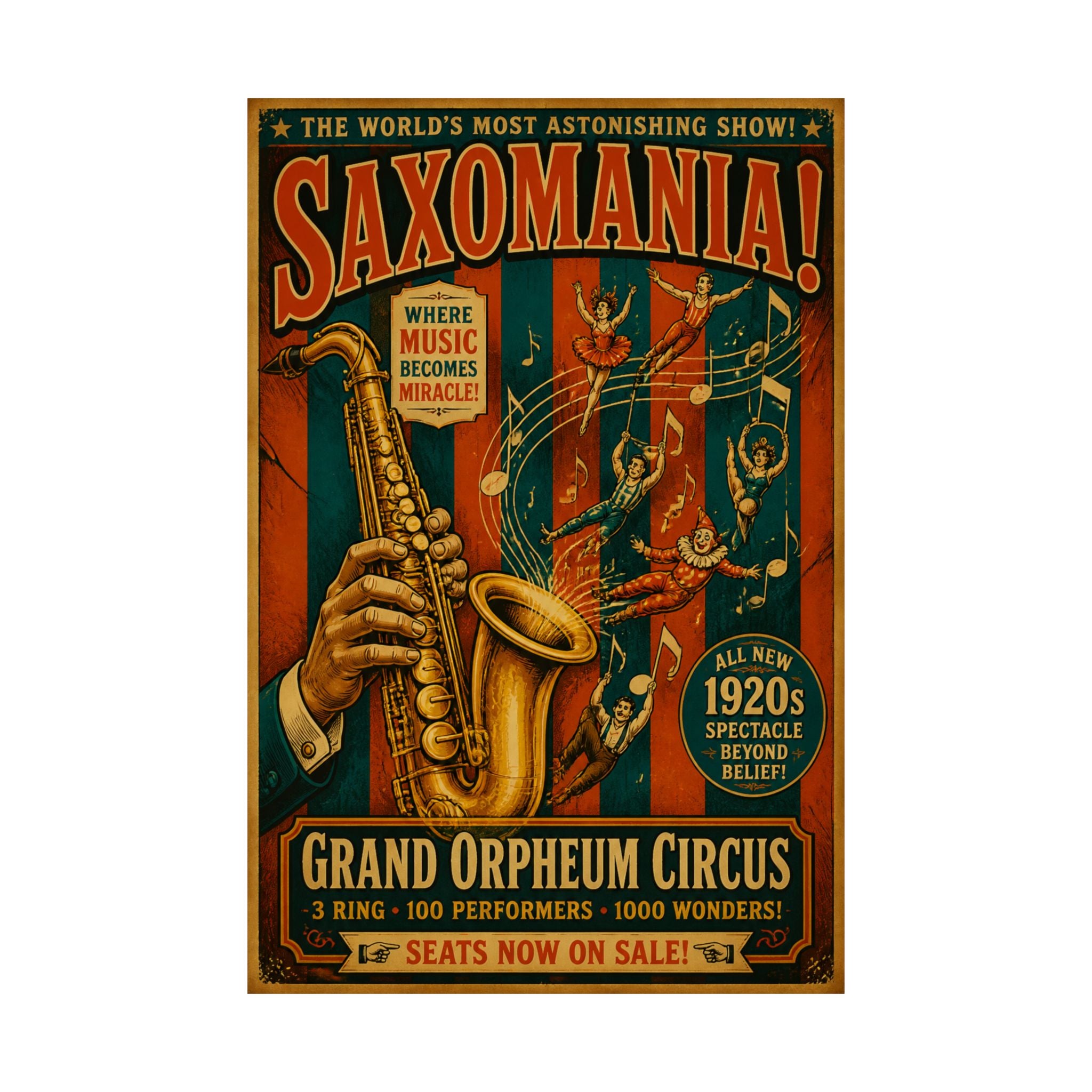 Saxophone Music Circus Wall Art Poster 18×24 Vintage Circus Kitchen Decor Maximalist Print