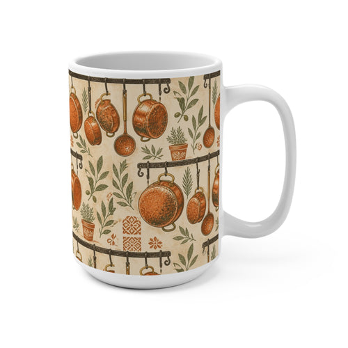 Copper Cookware 15oz Ceramic Mug Mediterranean Kitchen Linocut Design Italian Cottagecore Gift